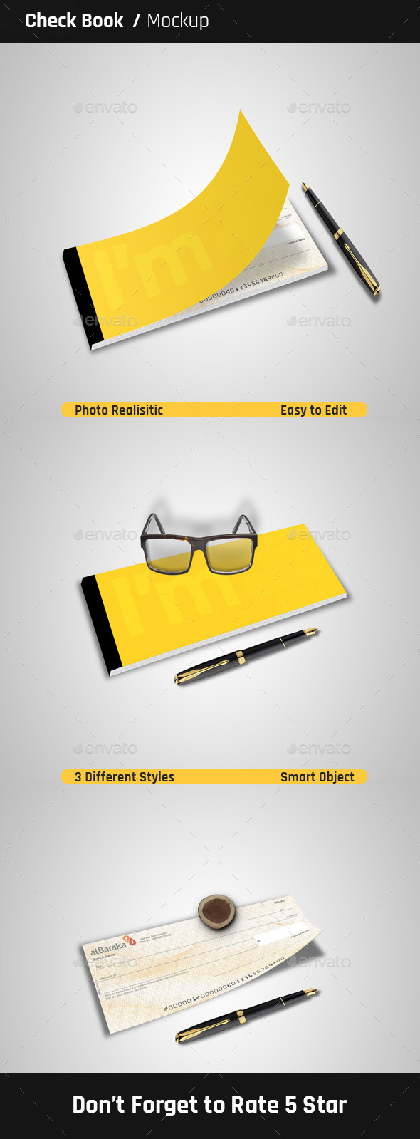 A free sample mockup set (check out the full bundle) featuring business cards in three different sizes: Check Book Mock Ups By Mizard Graphicriver