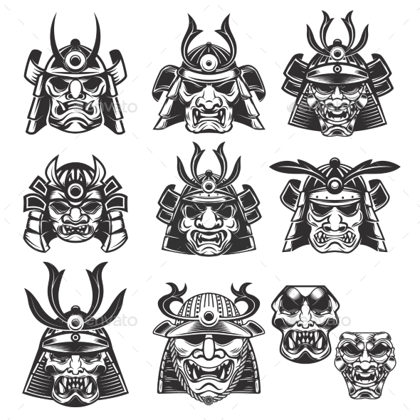 Set Of Samurai Masks And Helmets On White By Kotliar | Graphicriver 590_x_590_jpg