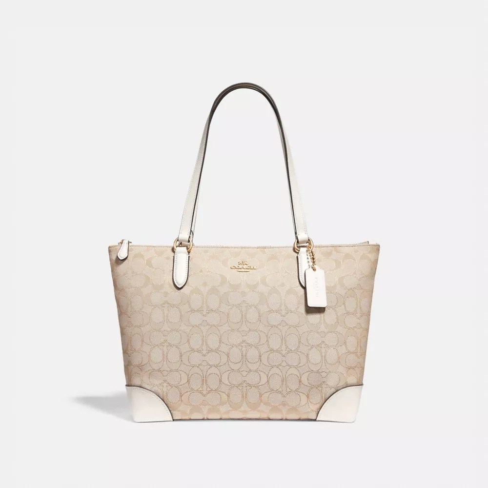 Shop zip top tote in signature jacquard with stripe on the coach outlet official site. Coach F29958 Zip Top Tote In Signature Jacquard Light Khaki Chalk Imitation Gold Coach Handbags