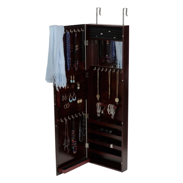 Features hooks, shelves, and foam pads to hold jewelry and accessories . Mahogany Wood Over-the-Door Jewelry Armoire Mirror | Kirklands