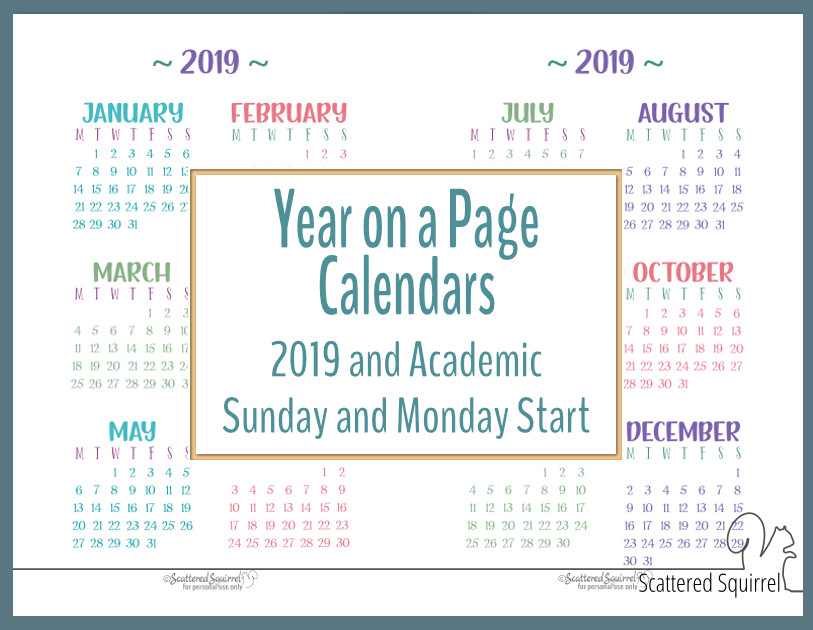 academic and 2019 year on a page calendar printables scattered squirrel