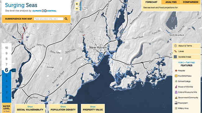 This helps the person reading the map understand where to find certain items. Connecticut | Surging Seas: Sea level rise analysis by Climate Central