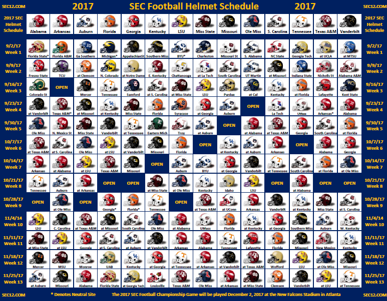 Get the latest news and information for the arkansas razorbacks. 2017 SEC Football Helmet Schedule - SEC12.com - SEC Football