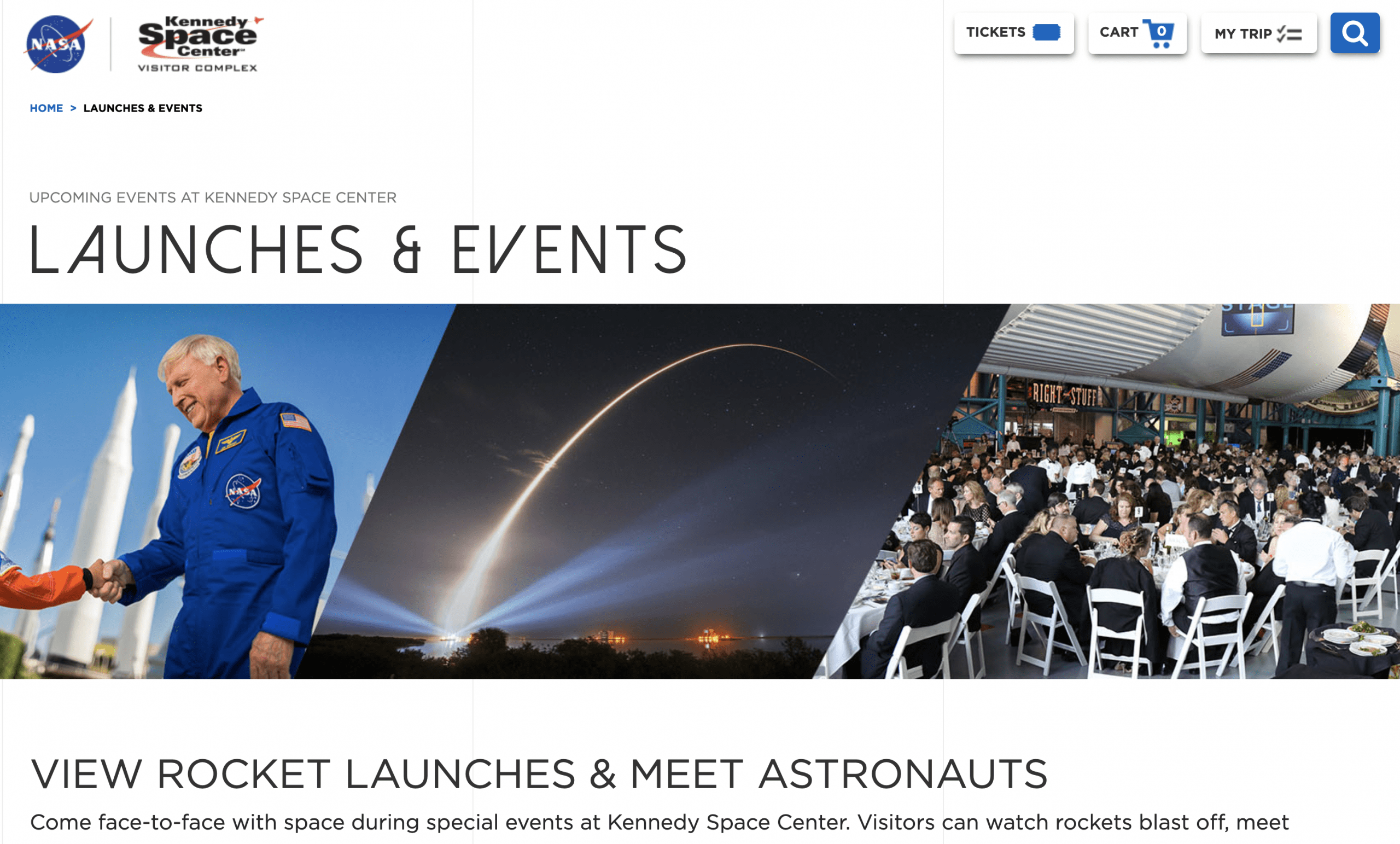 Screenshot of the Kennedy Space Center website to find a rocket launch and events.