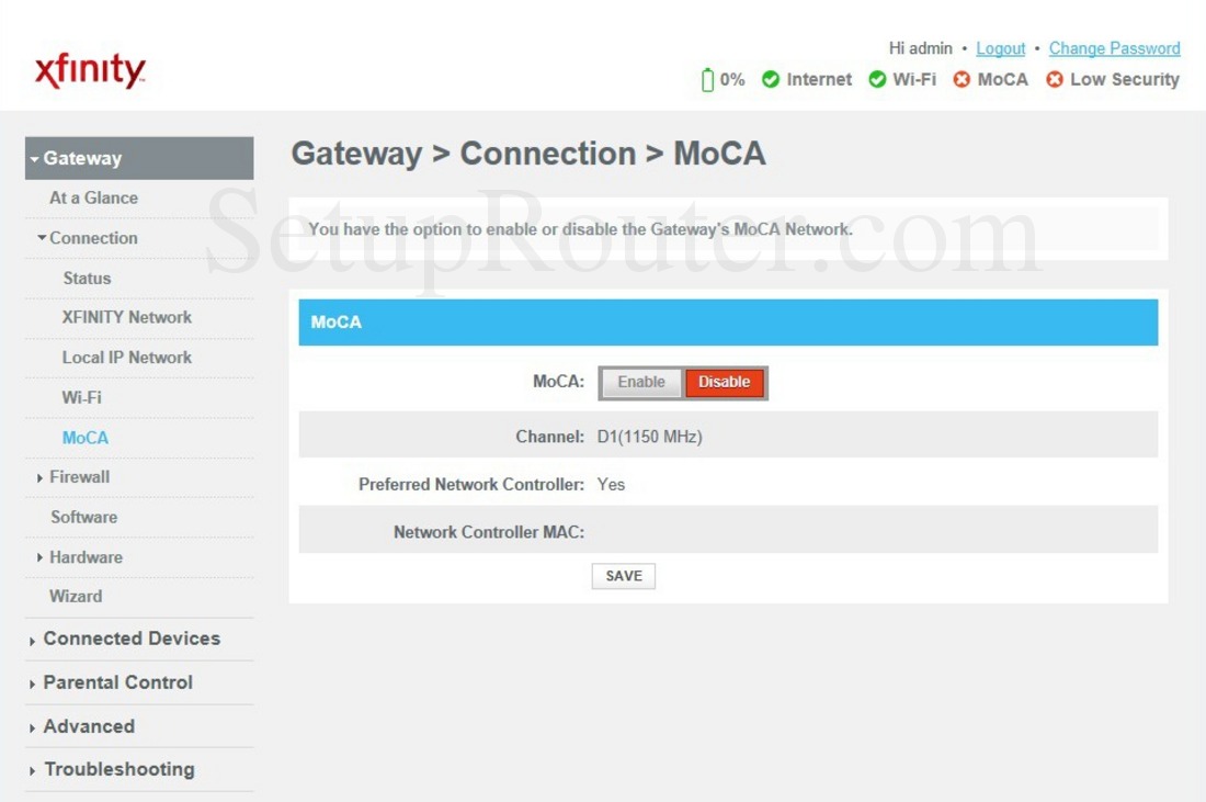 Routers use different ip addresses depending on the brand and how you set them up. Cisco DPC3941T XFINITY Screenshot MoCAConnection