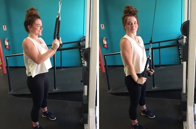 Grip hand holds and press your back against the back pad to stabilize your upper body. #GirlsWhoLift Workout: Friday Tricep/Core Day - Shaping Up