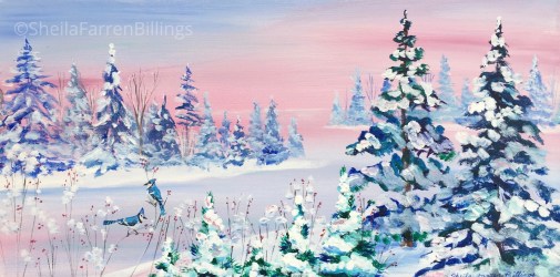 SnowySunrisePinkWM Snowy Sunrise, acrylic, 12" x 24"