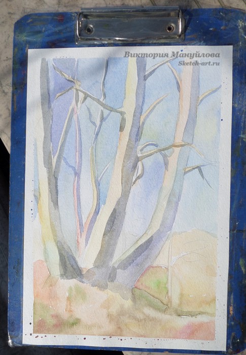 как рисовать березу акварелью