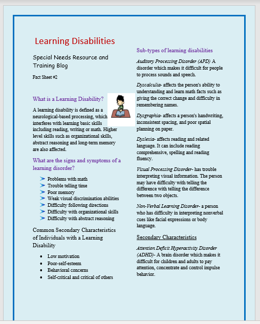 Fact Sheet Learning Disabilities Special Needs Resource and Training