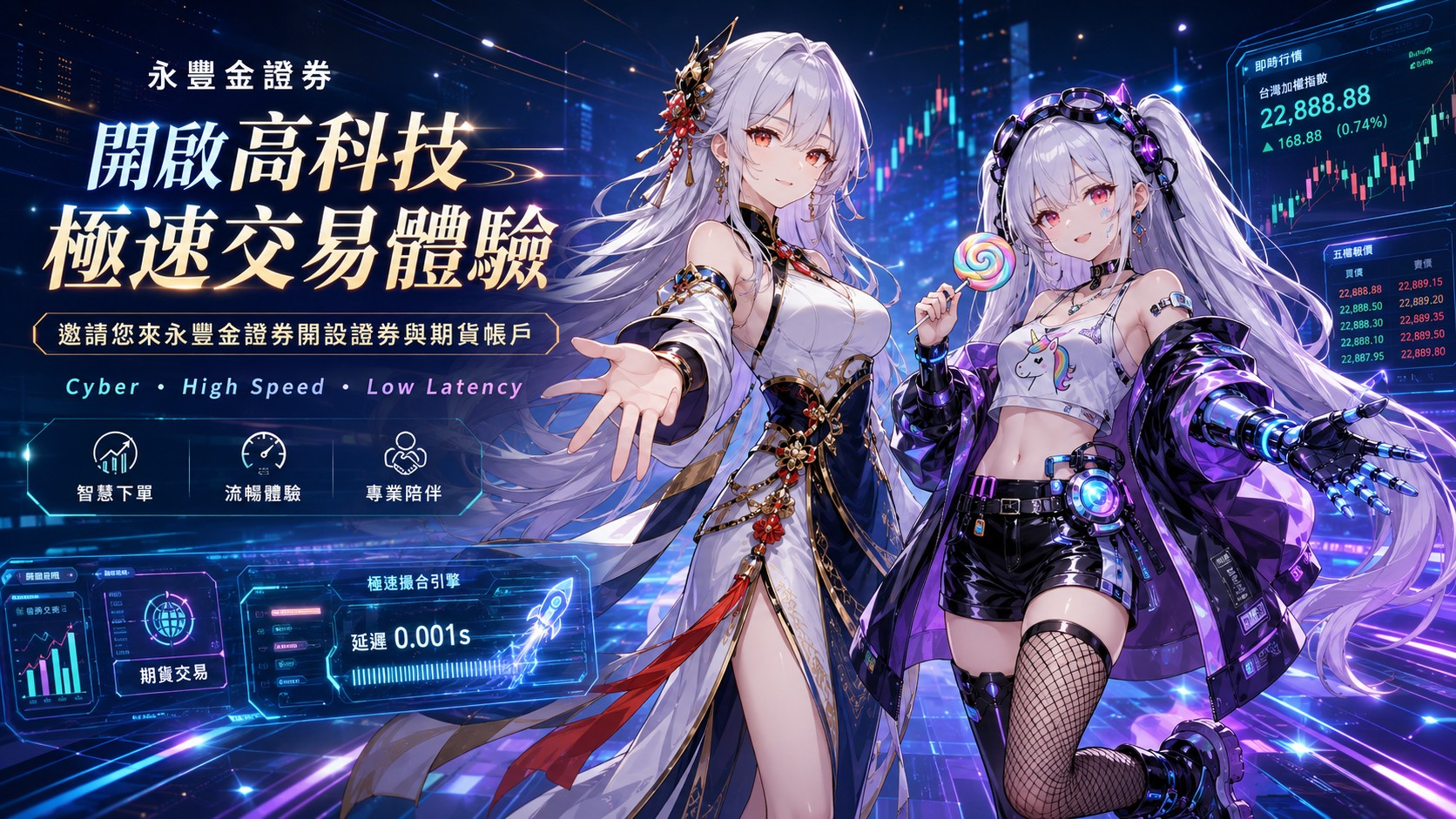 永豐金證券證券與期貨開戶宣傳封面，女主角1號與女主角2號站在高科技 Cyber 交易介面前，呈現 High Speed、Low Latency、智慧下單與極速交易體驗，邀請投資人開設證券與期貨帳戶。