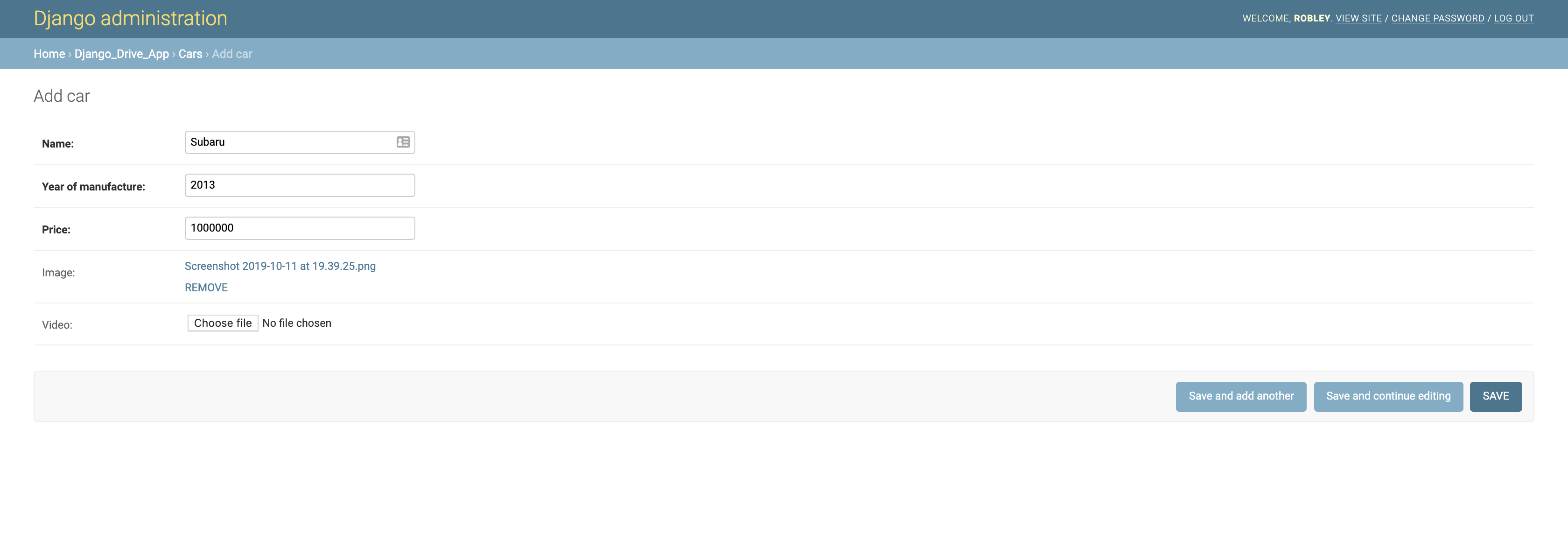django application admin add car