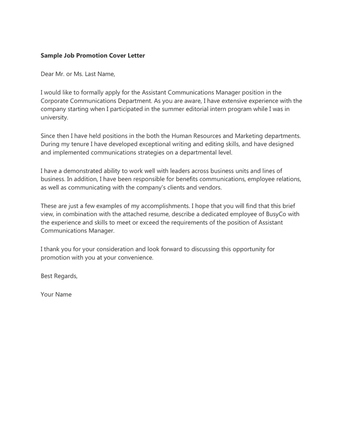 With my expertise in providing direct care and treatment for a variety of patient types, i am confident that i can greatly contribute to your practice. Example Promotion Cover Letter In Word And Pdf Formats