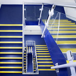Blue and yellow stairs.