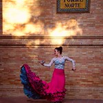 Spreading the fire: golden afternoon sunlight through trees nicely illuminated a street flamenco dancer at Plaza de Espa&ntilde;a, Seville, Spain.