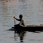 Cartoon - Splashing in the water caused due to Kashmiri man rowing a small wooden boat
