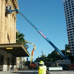 Cherrypicker working on the front of City Hall this morning