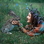 gray rabbit and the girl in the national costume designer , jewelry and a wreath of wild flowers and herbs