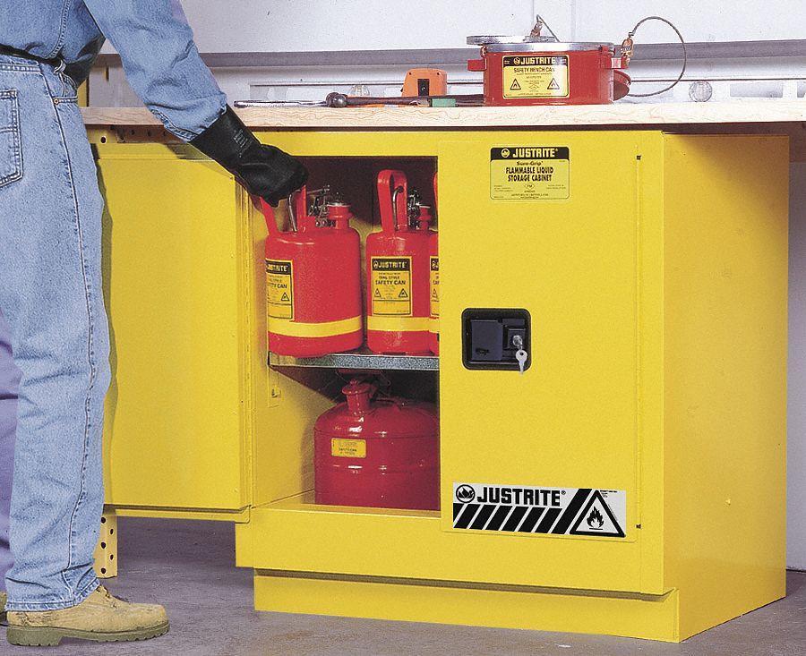 We stock safety equipment for materials handling, with ladders, platforms and elevated work spaces. JUSTRITE 22 gal Flammable Cabinet, Self-Closing Safety