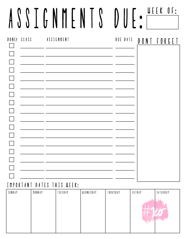 free printable high school and college course assignment planner