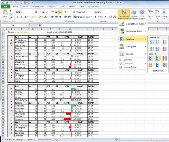 Use Data Bars And Icon Sets To Major League Baseball Standings Using Excel 2010 Steve Chase Docs