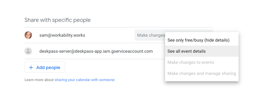 See all event details allows users to see all the details of an event on your calendar (except events marked as private). I Can T Share My Calendar With Deskpass And Make It So They Can Make Changes To Events Google Calendar Community