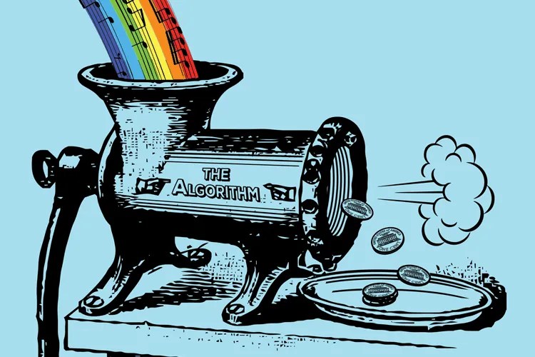 Streaming Music: rainbow music notes flowing into a grinder