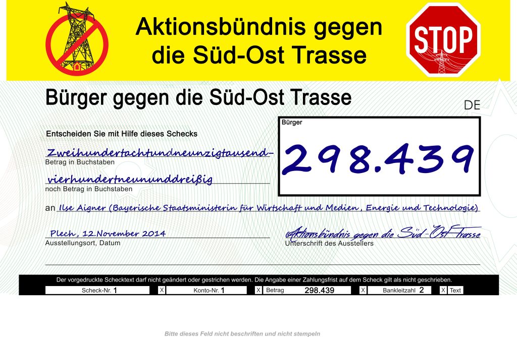 Download schlichte spendenscheck vorlage stock vector and explore similar vectors at adobe stock. Burgerinitiativen Ubergeben Scheck An Ministerin Ilse Aigner Die Stromautobahn