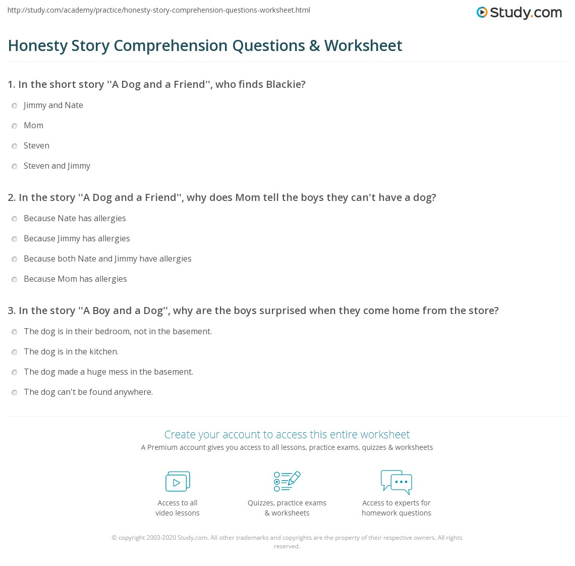 honesty story comprehension questions worksheet study com