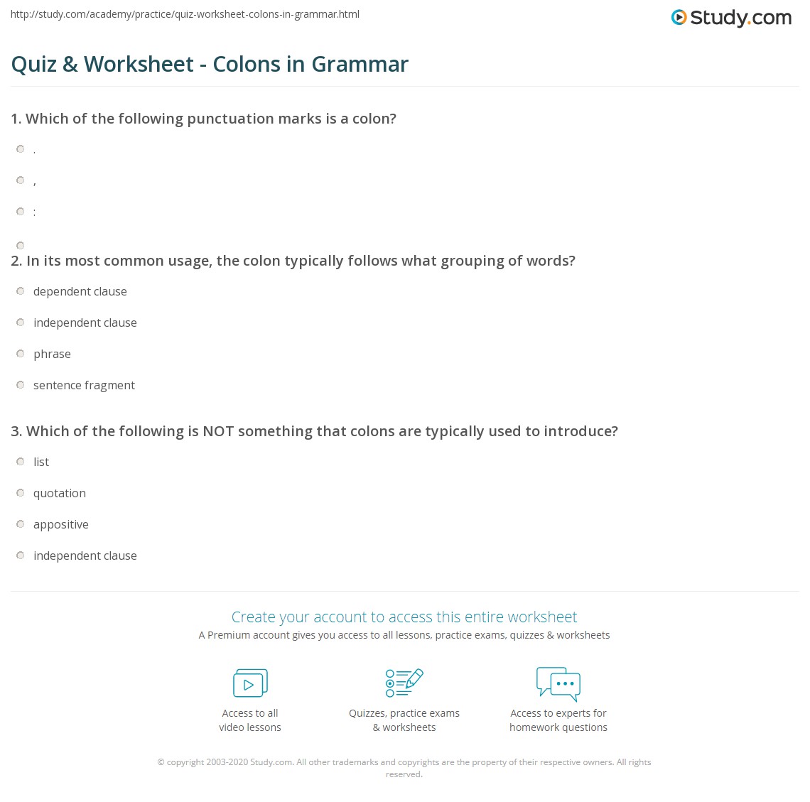 quiz worksheet colons in grammar studycom