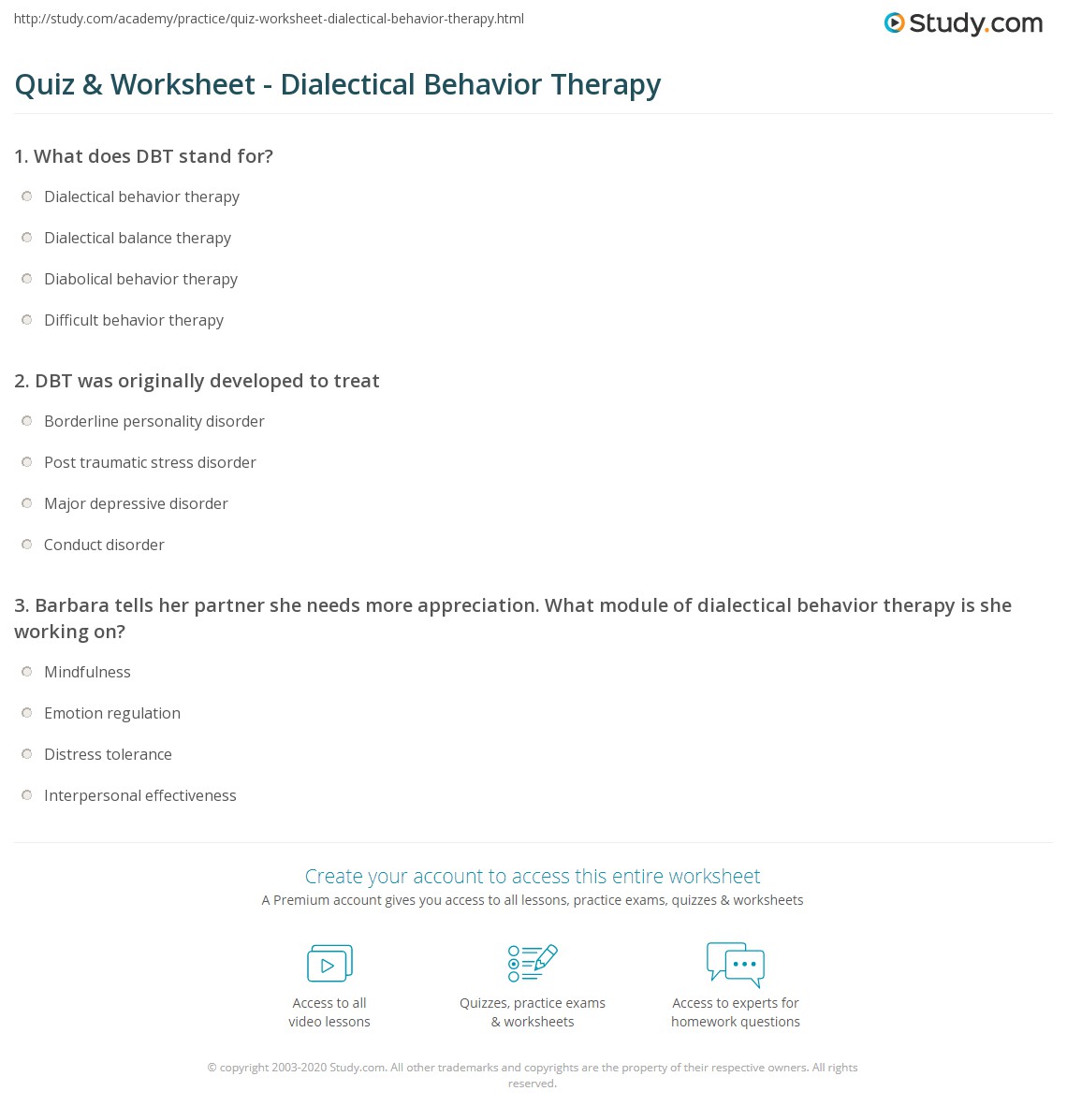 quiz worksheet dialectical behavior therapy studycom