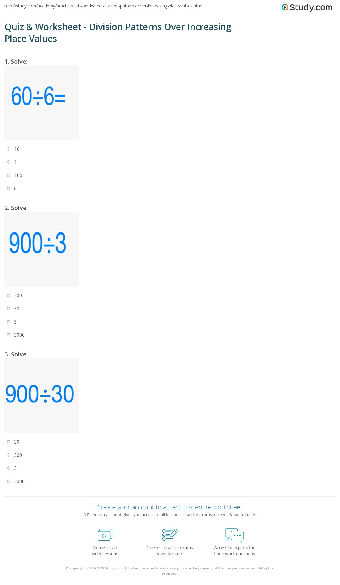 Easy to make interactive place value chart to help students learn to read decimals. Quiz Worksheet Division Patterns Over Increasing Place Values Study Com