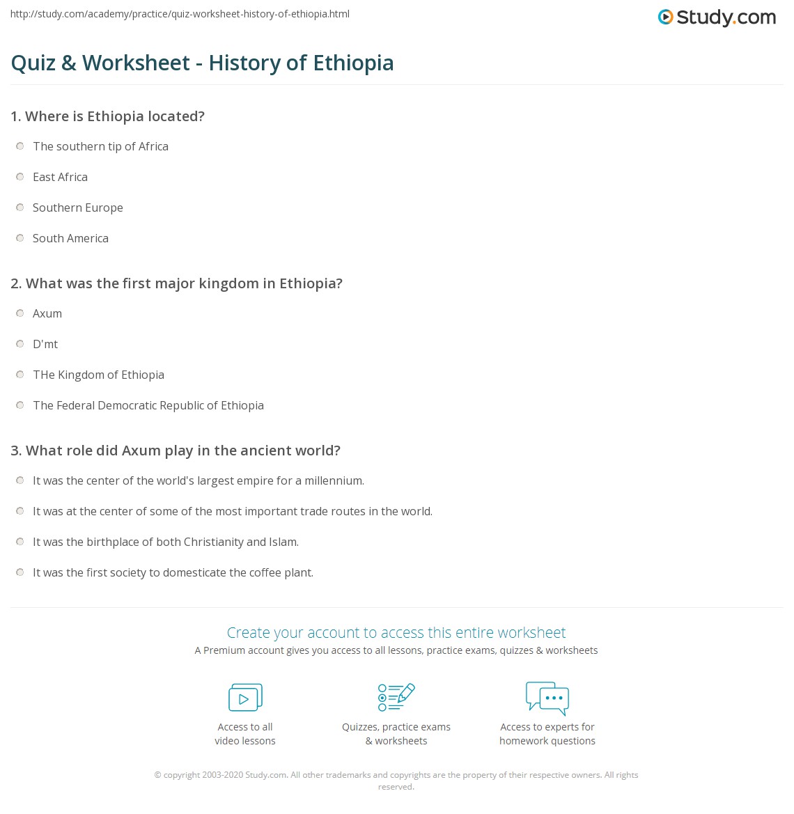 quiz worksheet history of ethiopia study com