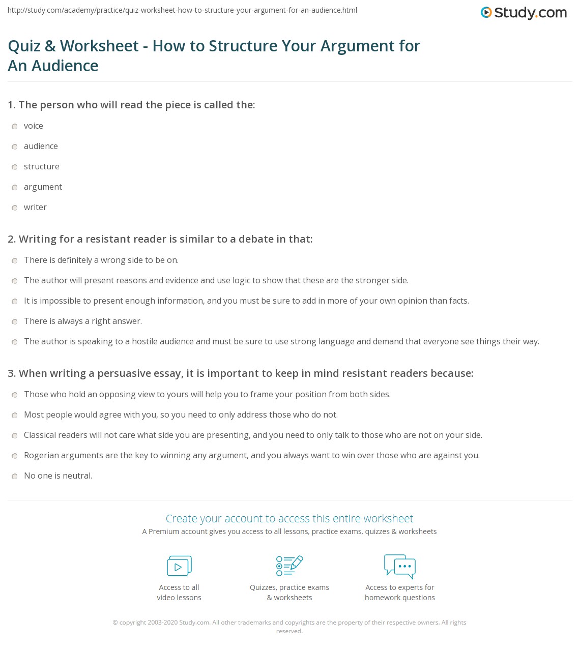 Together with several recommended blog posts and a worksheet, . Quiz Worksheet How To Structure Your Argument For An Audience Study Com