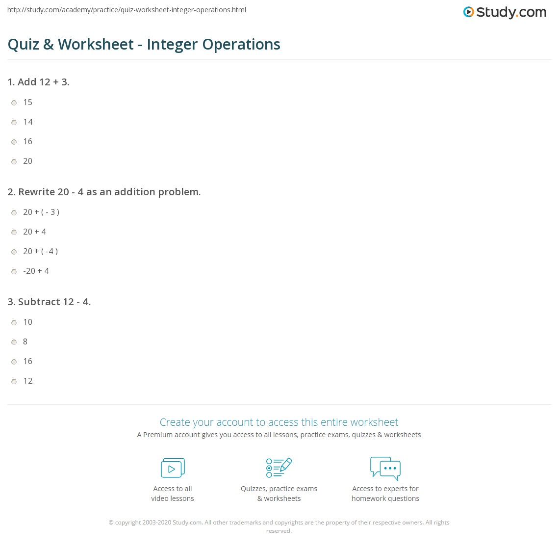 ______ … so much more online! Quiz Worksheet Integer Operations Study Com