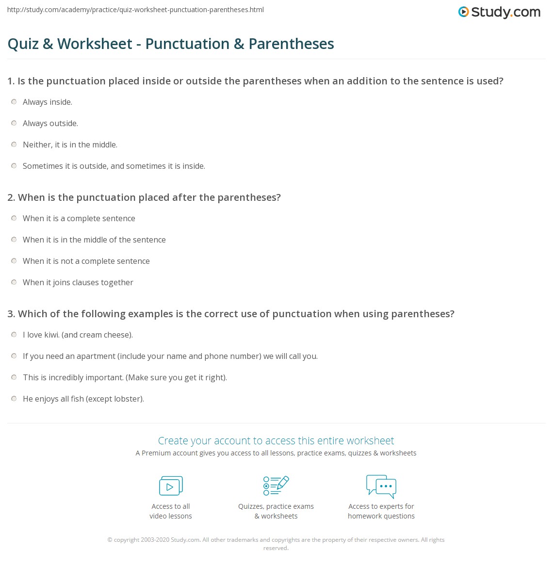quiz worksheet punctuation parentheses study com