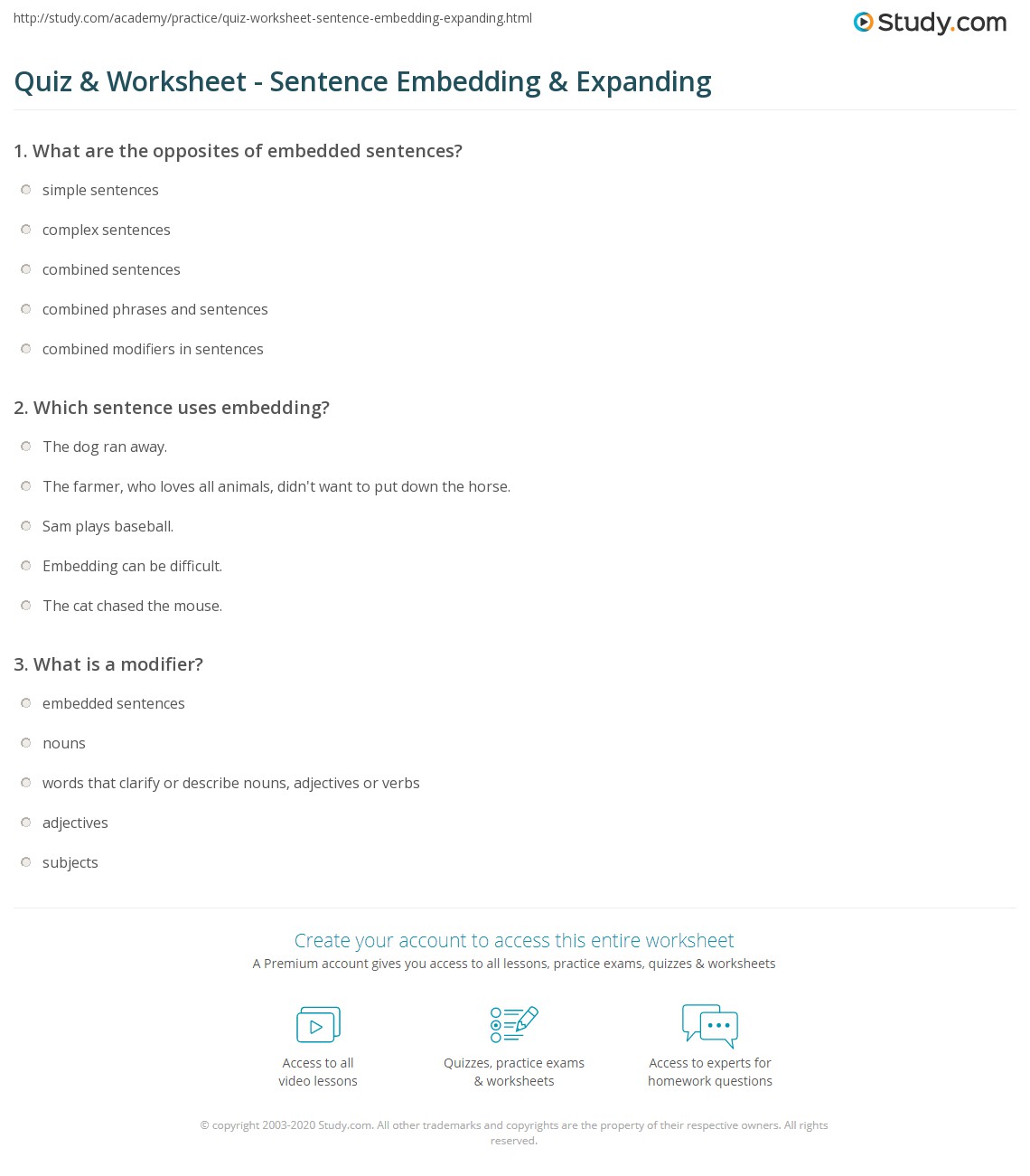 quiz worksheet sentence embedding expanding study com