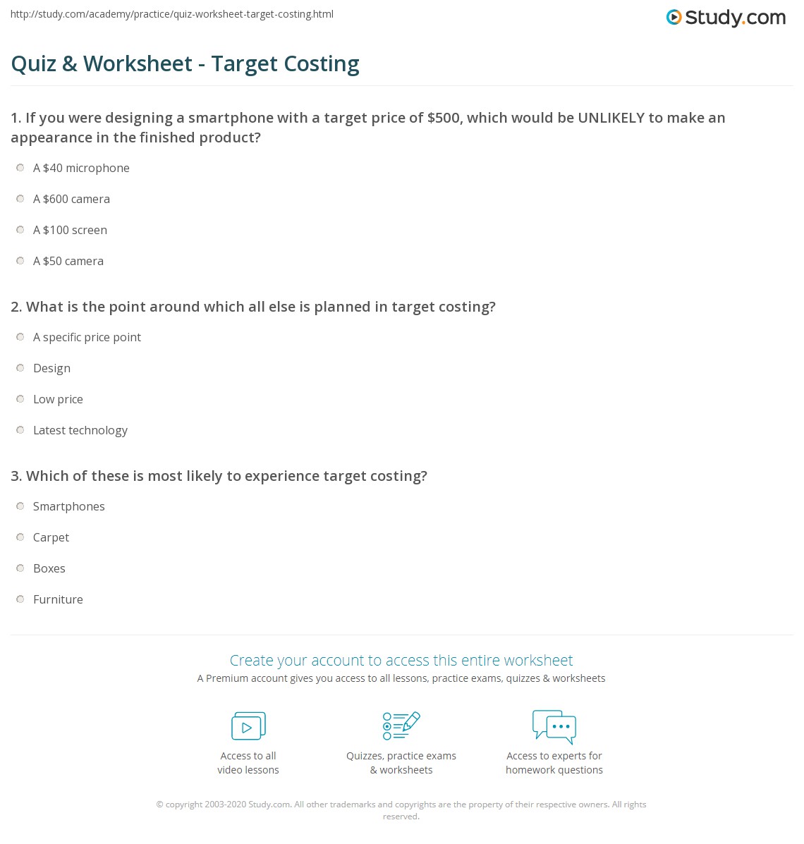 These lessons and worksheets teach students how to make change for purchases. Quiz Worksheet Target Costing Study Com