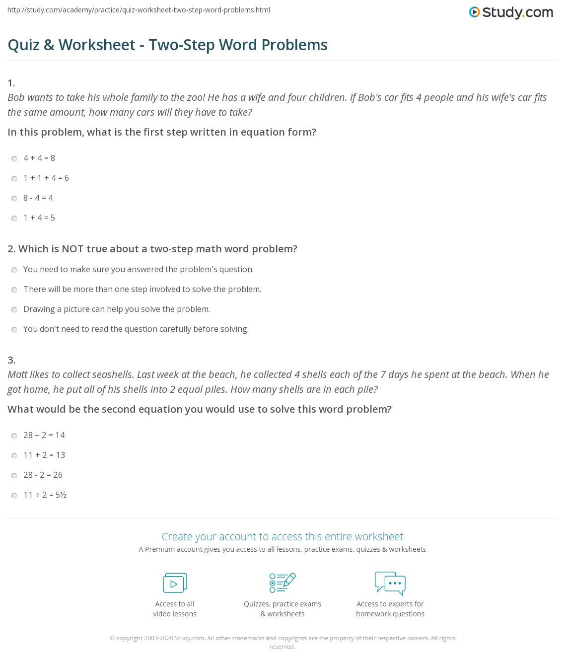 Whether you love math or suffer through every single problem, there are plenty of resources to help you solve math equations. Quiz Worksheet Two Step Word Problems Study Com