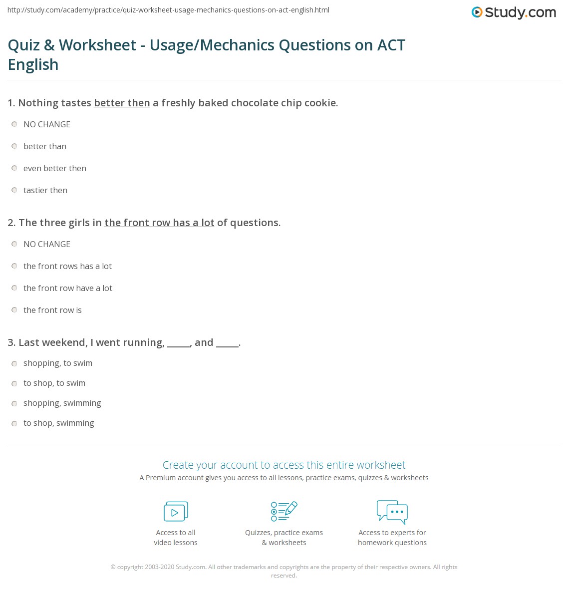 quiz worksheet usage mechanics questions on act english study com