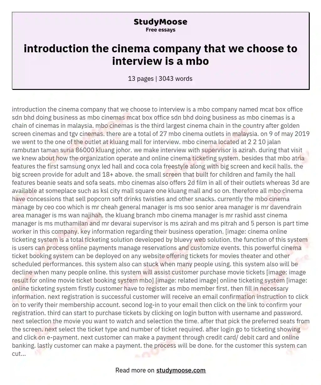You can also find nearest . Introduction The Cinema Company That We Choose To Interview Is A Mbo Free Essay Example