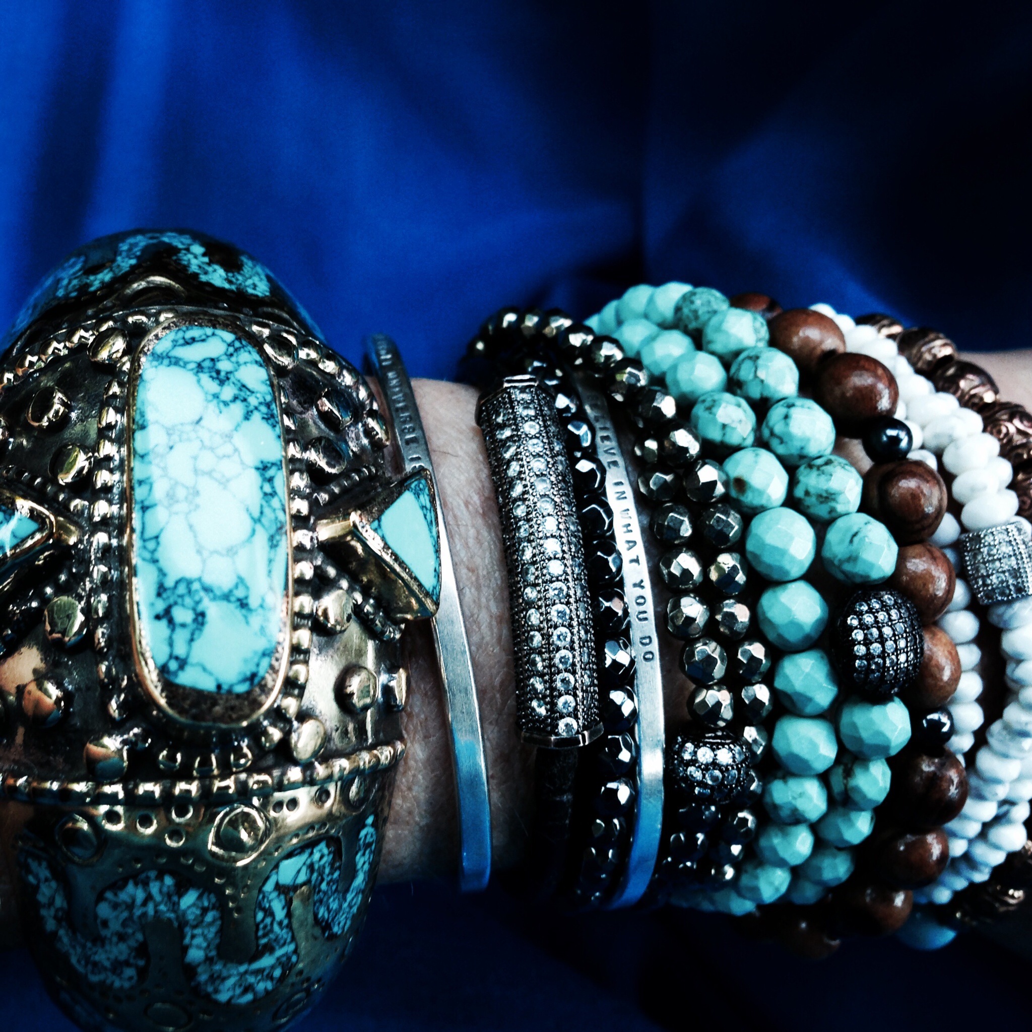 Wrap bracelets in Turquoise and Howlite, black diamonds, sterling and chunky bangle