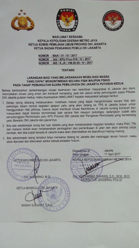 Maklumat Bersama Kapolda Metro Jaya Ketua Kpu Dki Dan Ketua Bawaslu Dki Untuk Pilkada Dki Yang