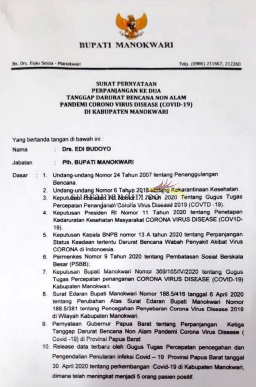 Pemkab Manokwari Perpanjang Masa Tanggap Darurat COVID-19 - SuaraMandiri.co