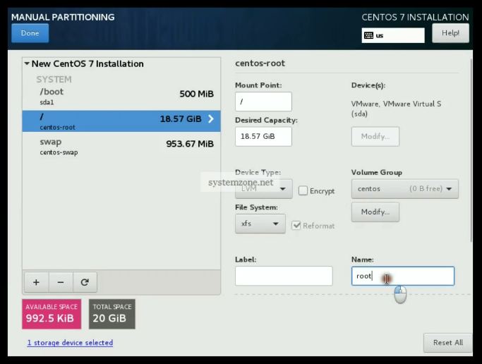CentOS 7.5 Installation with GUI and LVM Partition System Zone