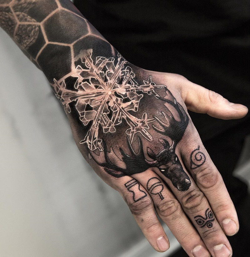 This snowman snow globe tattoo is stunning. Moose & Snowflake On Wrist & Hand | Best tattoo design ideas