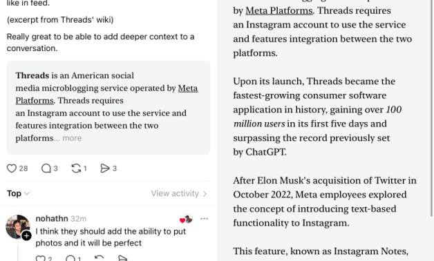Threads menguji cara untuk berbagi teks bentuk panjang di platform