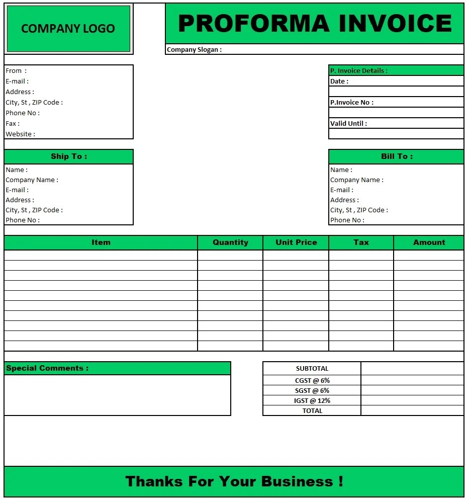 Proforma Invoice Format Pdf | Download Proforma Invoice In Excel