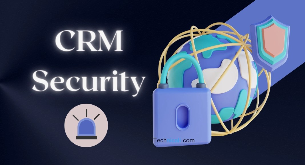 Illustration of a secure CRM system with shield, lock, and encrypted data icons