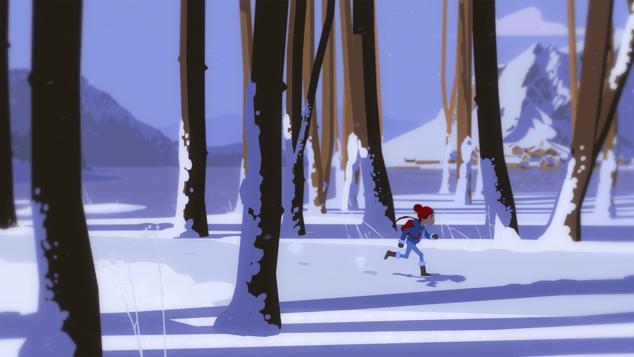 Tove runs through the snow covered forest in pursuit of Lars.  Röki PS5 Review TechStomper