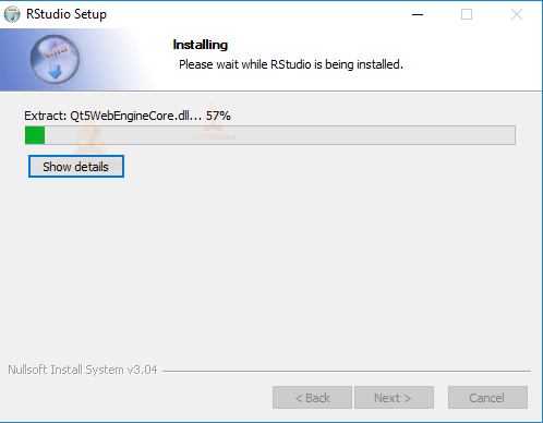 Jendela kemajuan instalasi Rstudio